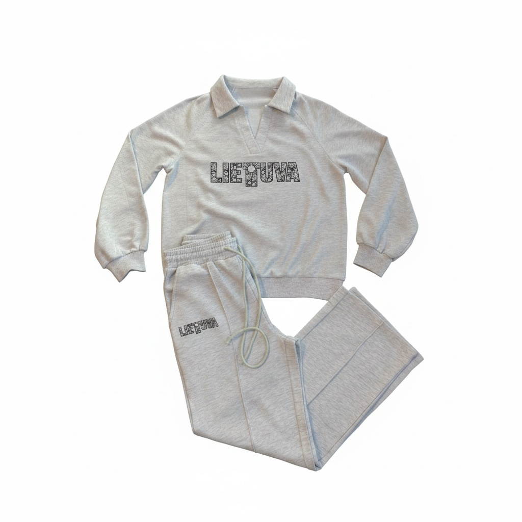 LIETUVA Polo Collar V-Neck Sweatshirt and Sweatpants Set